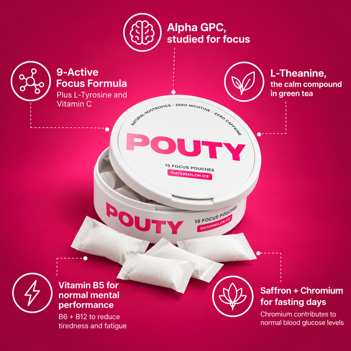 Pouty Focus 9-active formula: Alpha GPC, L-theanine, B5, B6, B12, saffron and chromium